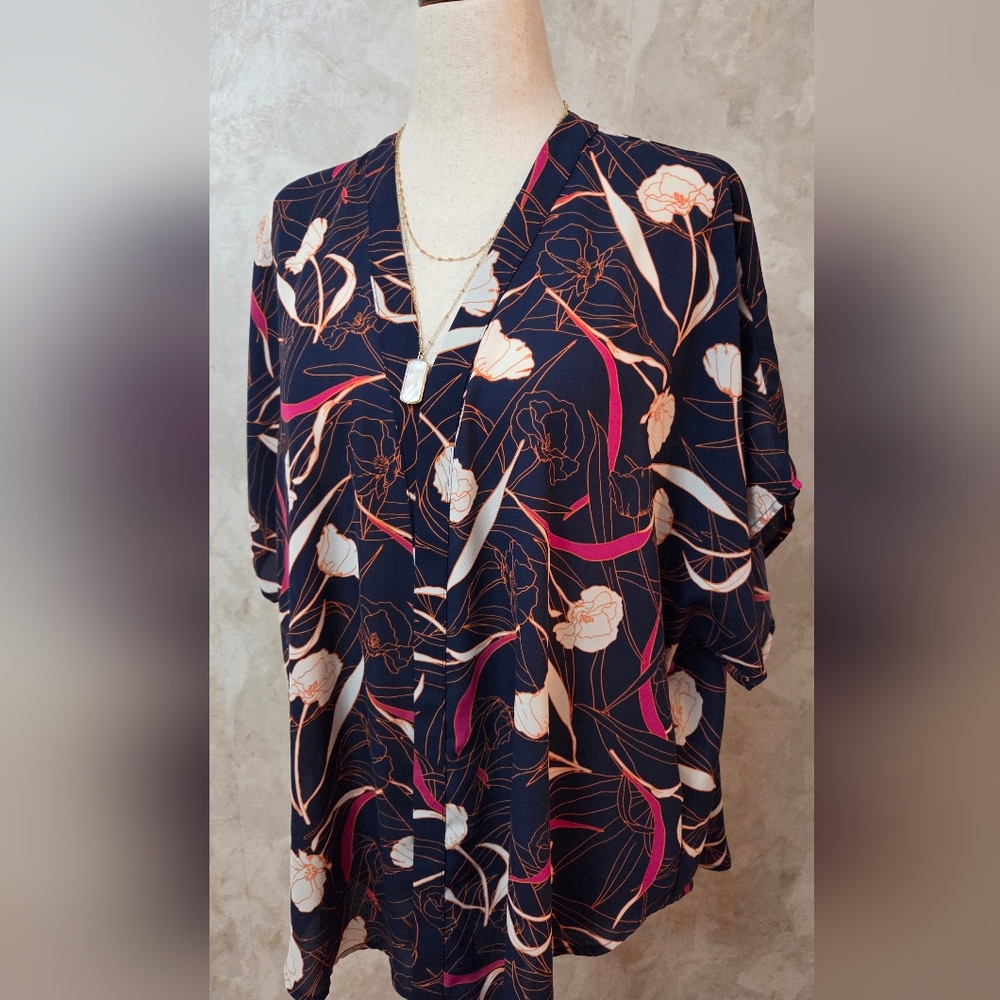 Allison Joy Navy Floral Blouse XS Pink Cream Flowing Boho Kimono Top